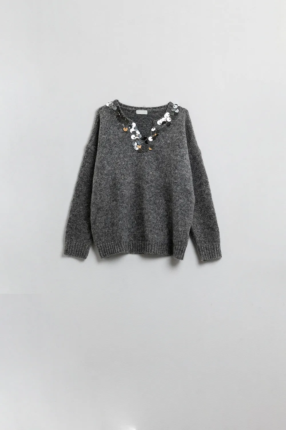 Grey V-neck sweater with sequin detail