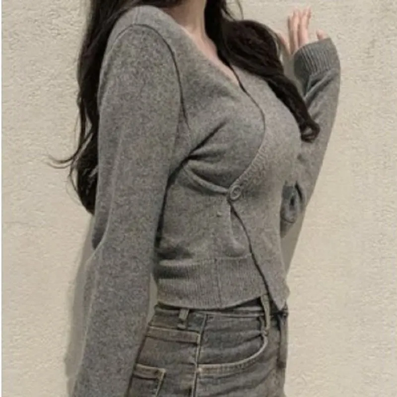 Grey Wrap Top With Single Button Detailing