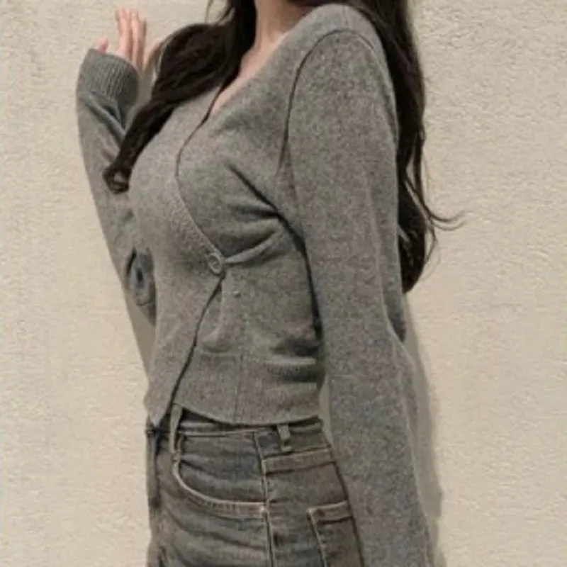 Grey Wrap Top With Single Button Detailing