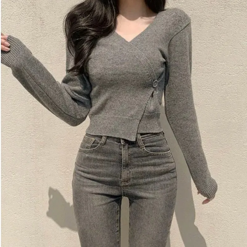 Grey Wrap Top With Single Button Detailing