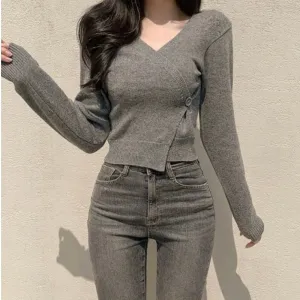 Grey Wrap Top With Single Button Detailing