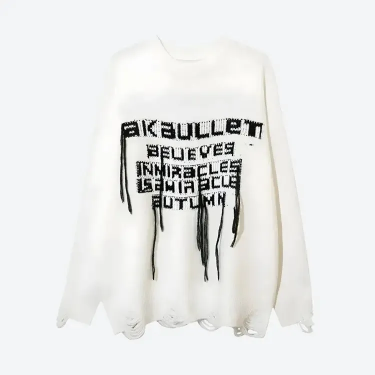 Grunge-Inspired Sweater with Distressed Details and Pink Accents