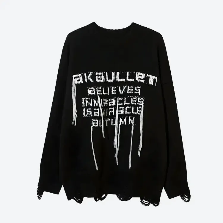 Grunge-Inspired Sweater with Distressed Details and Pink Accents