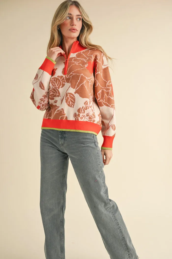 Half Zip Floral Pullover Sweater
