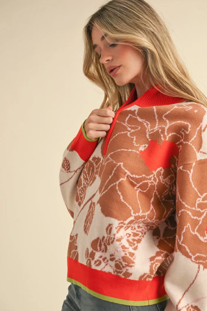 Half Zip Floral Pullover Sweater
