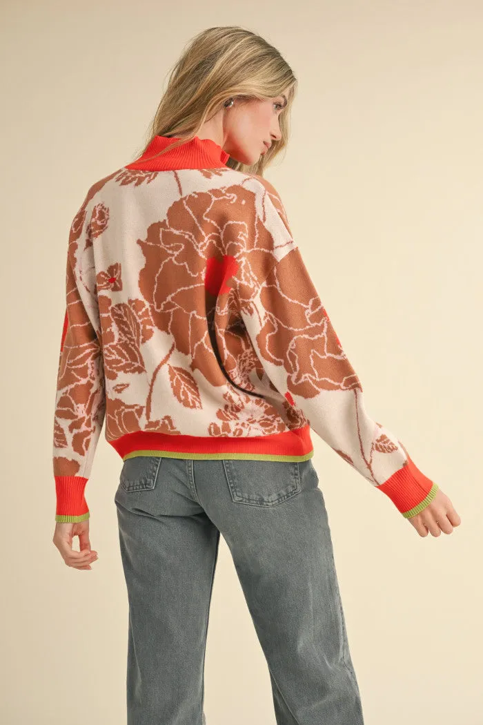 Half Zip Floral Pullover Sweater