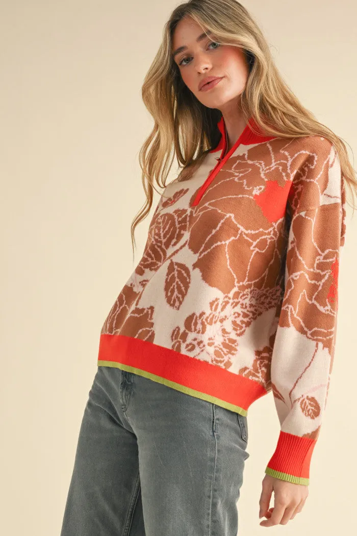 Half Zip Floral Pullover Sweater
