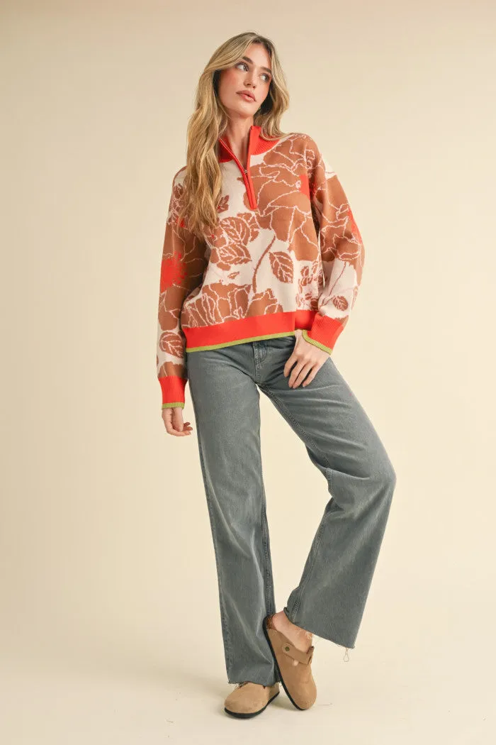 Half Zip Floral Pullover Sweater