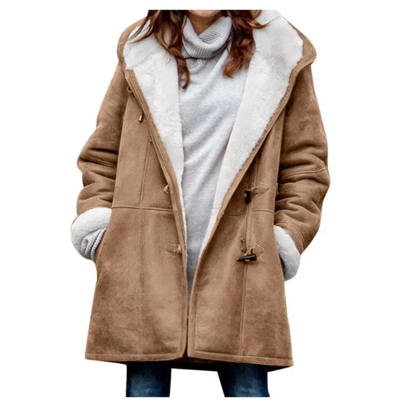 Hatmeo Warm Winter Coats for Women Fleece Lined Jackets Button Hooded Peacoat