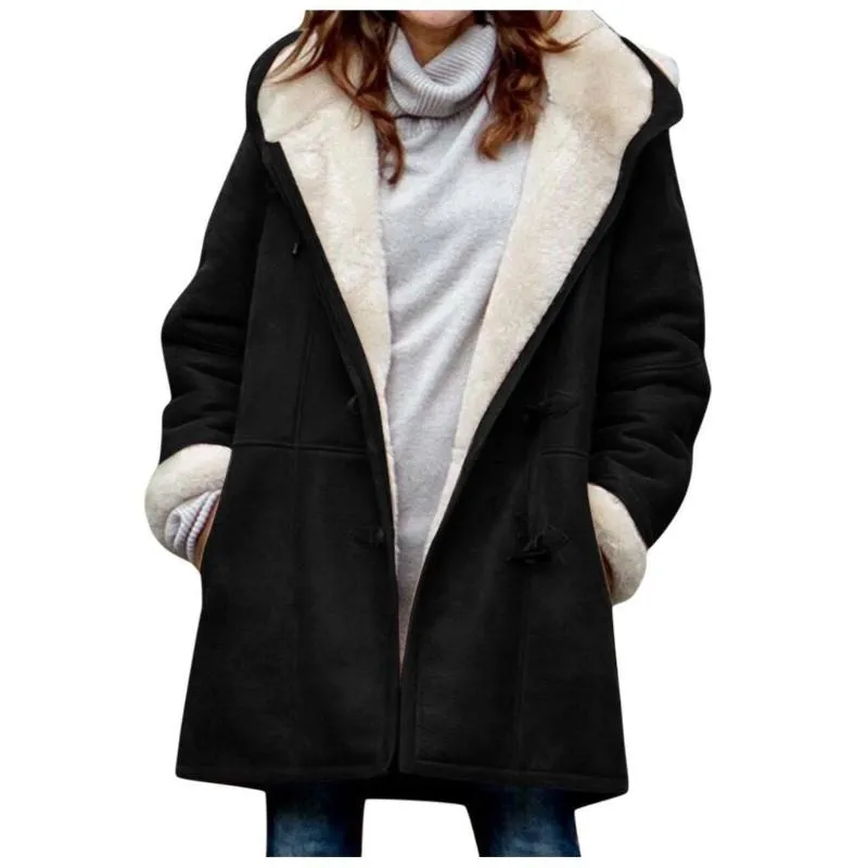 Hatmeo Warm Winter Coats for Women Fleece Lined Jackets Button Hooded Peacoat