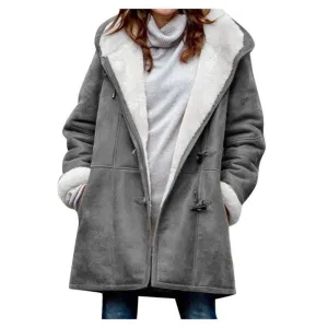 Hatmeo Warm Winter Coats for Women Fleece Lined Jackets Button Hooded Peacoat