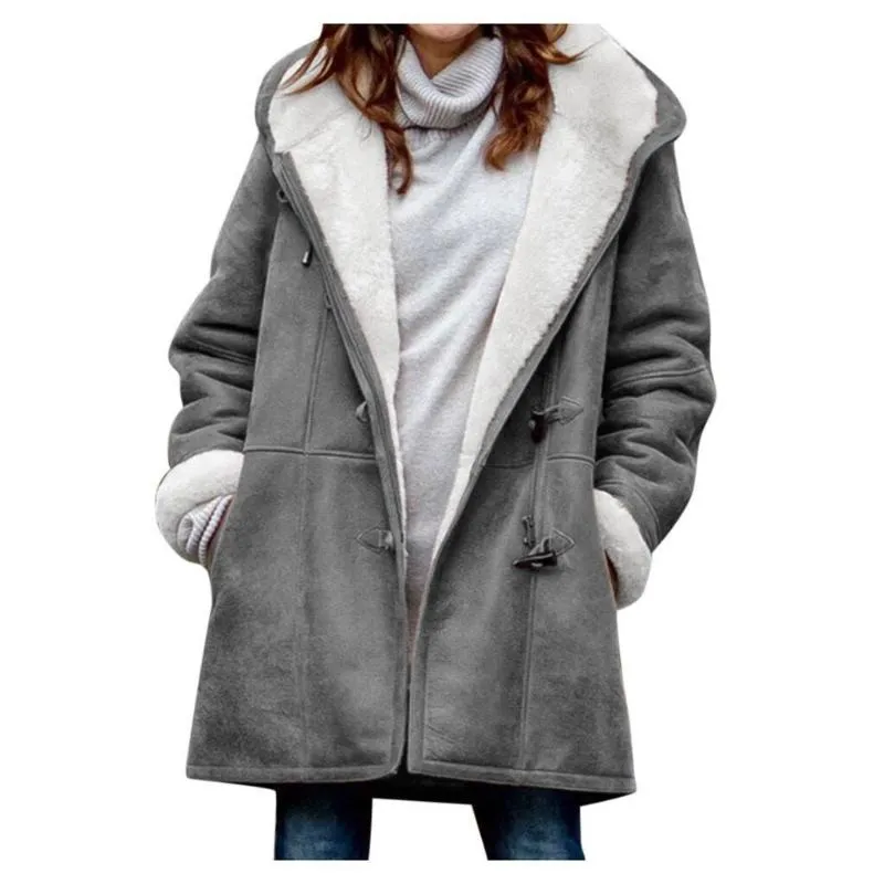 Hatmeo Warm Winter Coats for Women Fleece Lined Jackets Button Hooded Peacoat