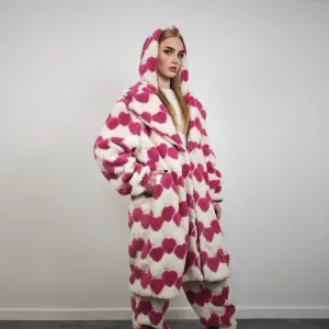 Heart fleece coat longline fluffy trench love pattern overcoat romantic bomber festival jacket Burning man customizable peacoat pink cream
