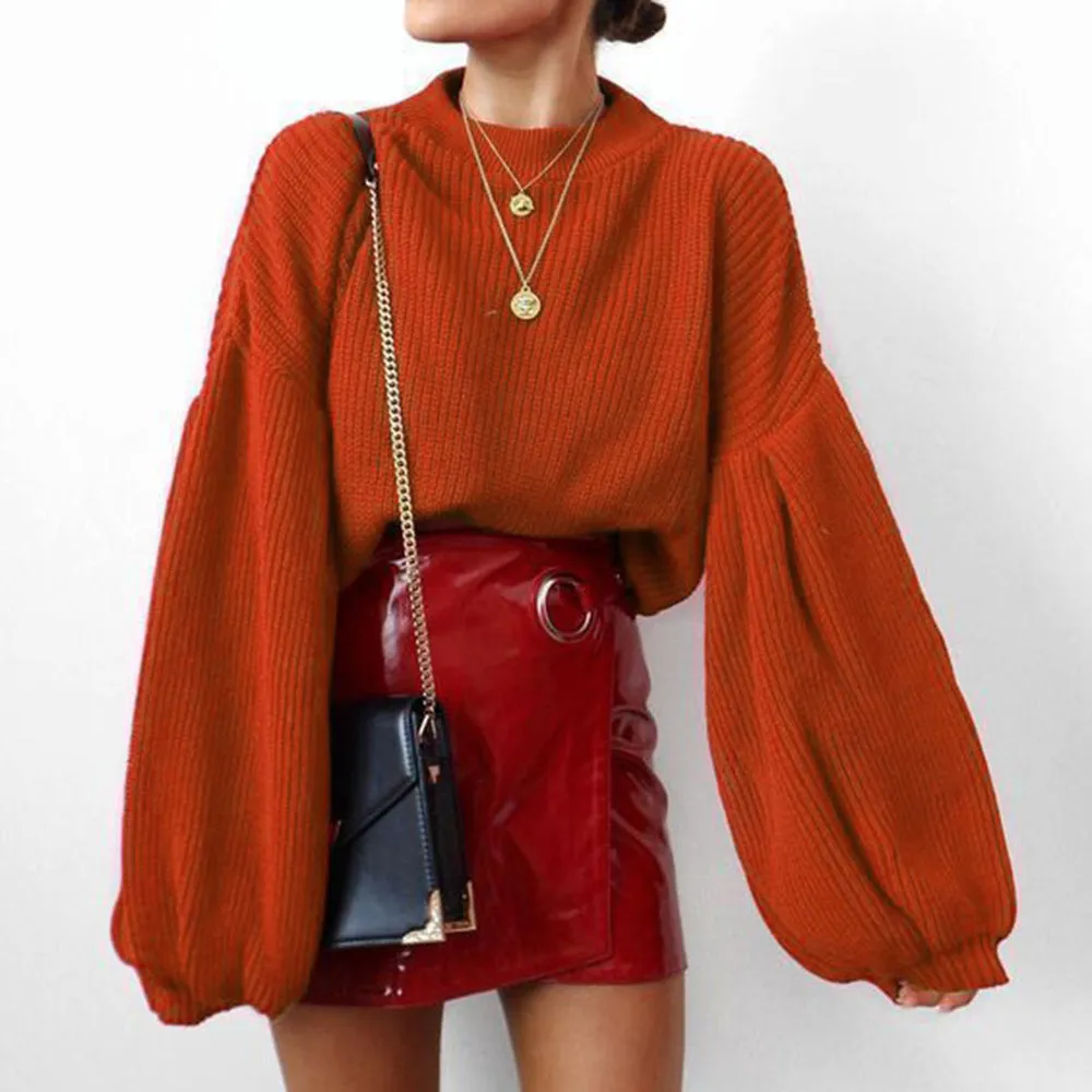 High-collared Lantern Sleeve Knit Oversize Sweater