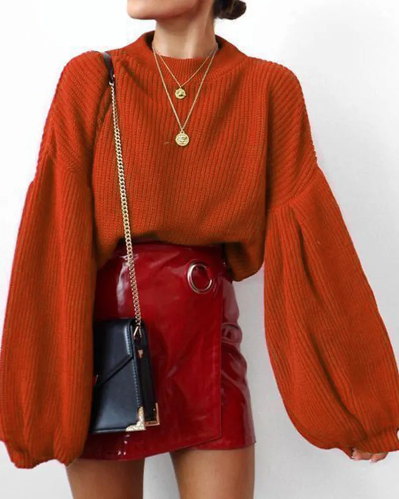 High-collared Lantern Sleeve Knit Oversize Sweater
