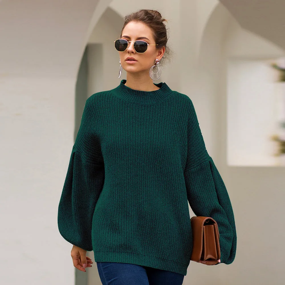 High-collared Lantern Sleeve Knit Oversize Sweater