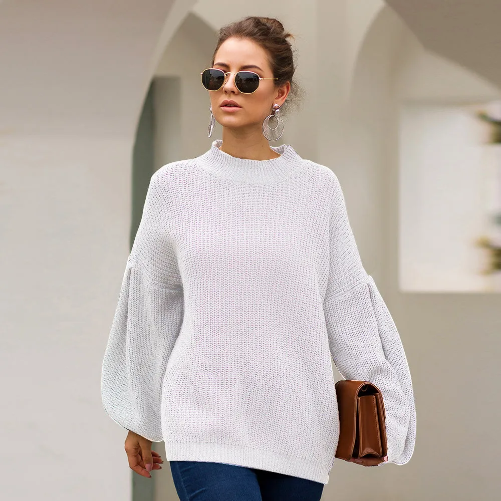 High-collared Lantern Sleeve Knit Oversize Sweater