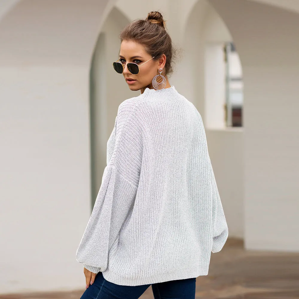 High-collared Lantern Sleeve Knit Oversize Sweater