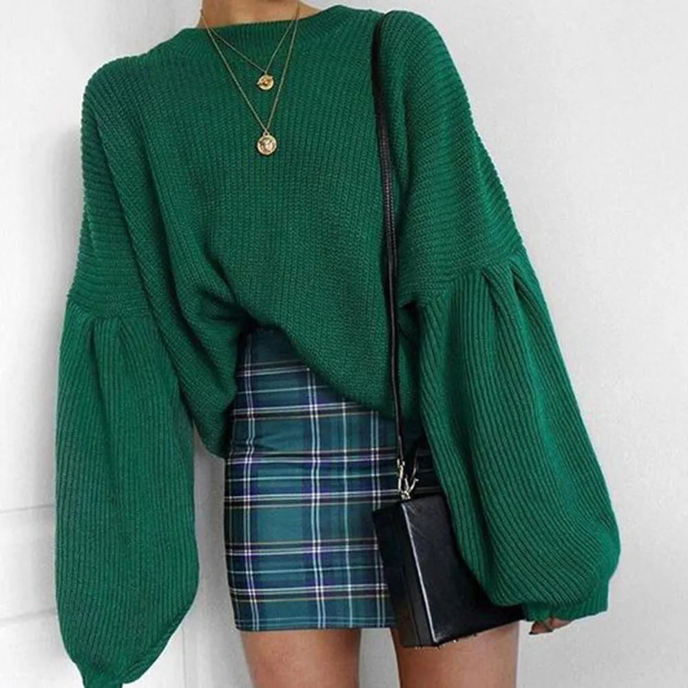 High-collared Lantern Sleeve Knit Oversize Sweater