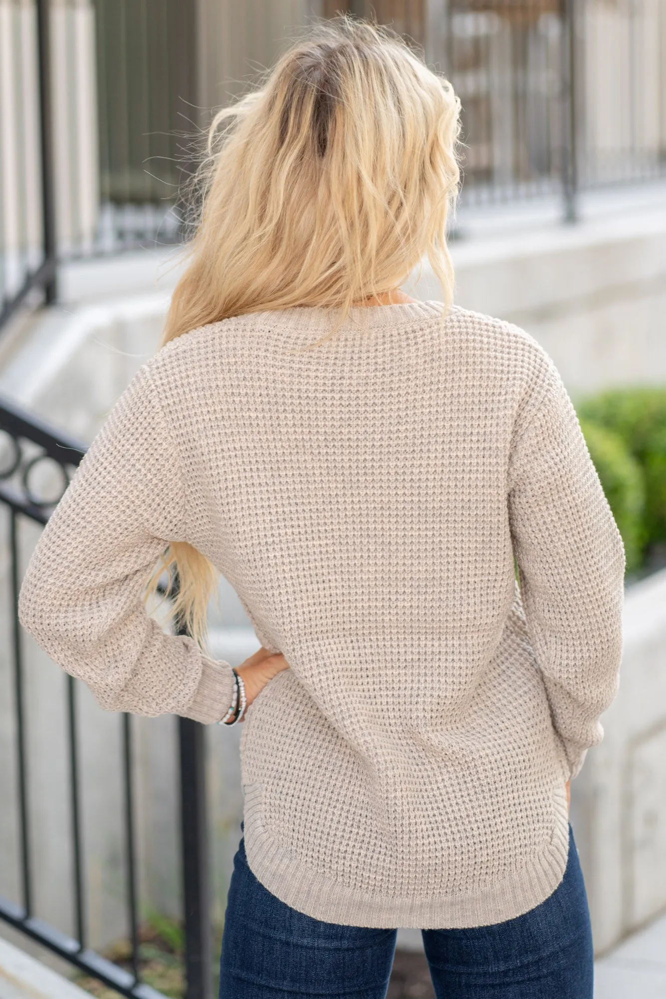 High Low Long Sleeve Waffle Sweater