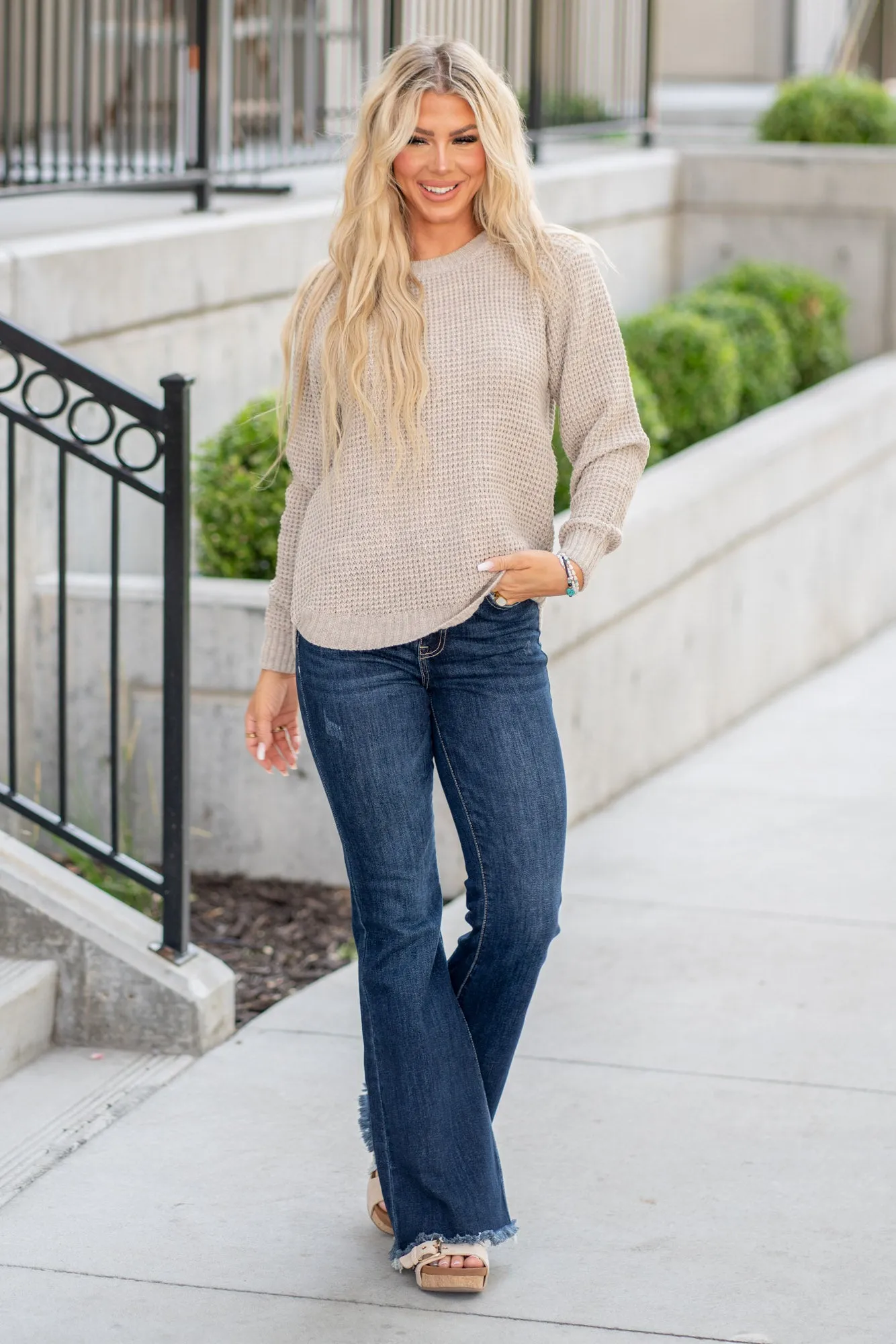 High Low Long Sleeve Waffle Sweater