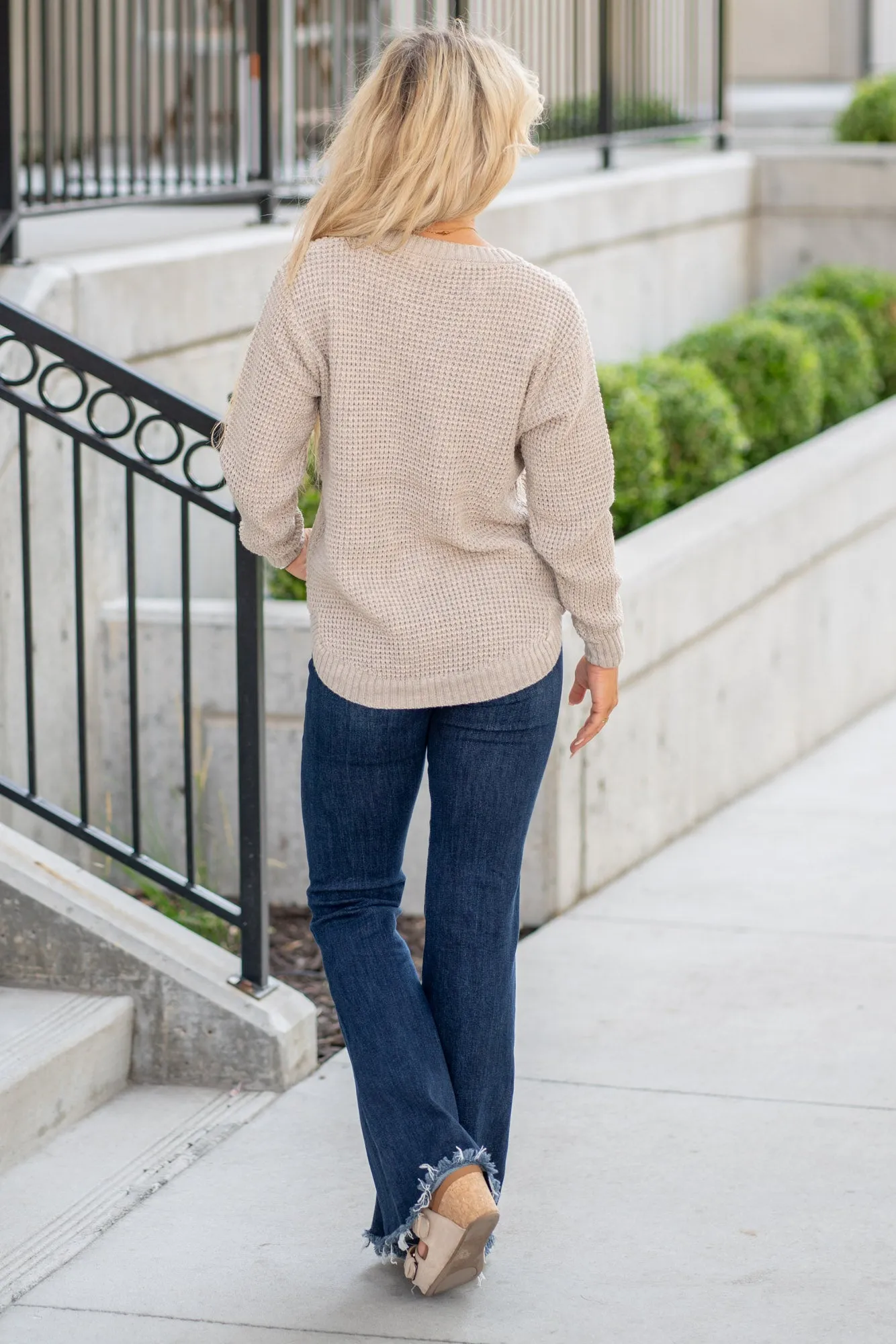 High Low Long Sleeve Waffle Sweater