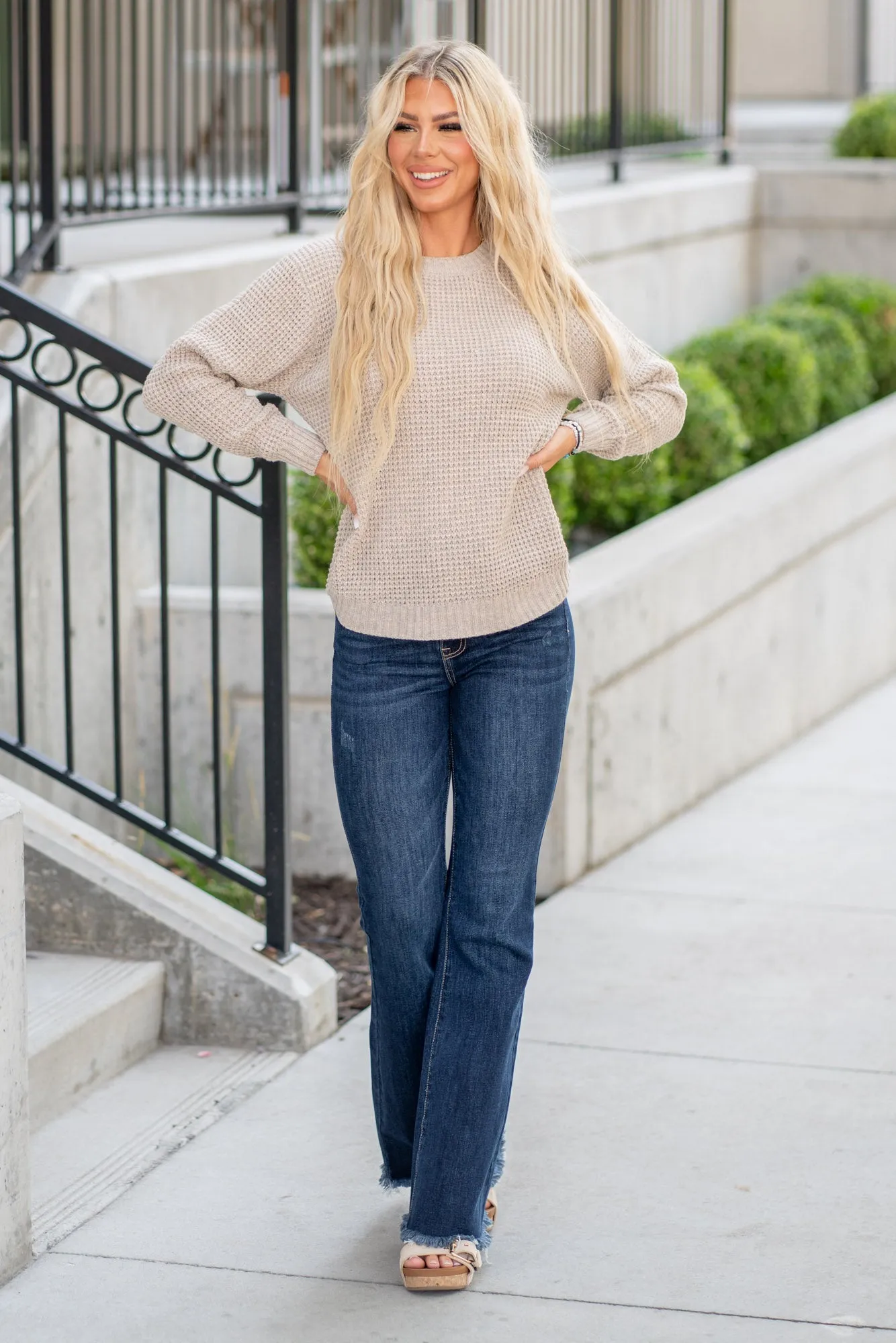 High Low Long Sleeve Waffle Sweater