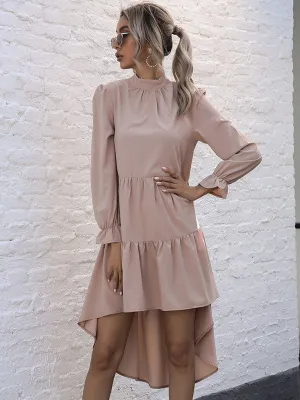 High-Neck Long Sleeve Dress with Ruffle Hem and High-Low Design
