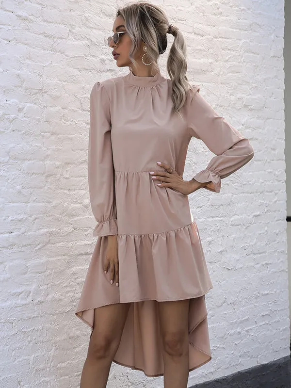 High-Neck Long Sleeve Dress with Ruffle Hem and High-Low Design