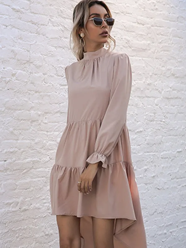 High-Neck Long Sleeve Dress with Ruffle Hem and High-Low Design