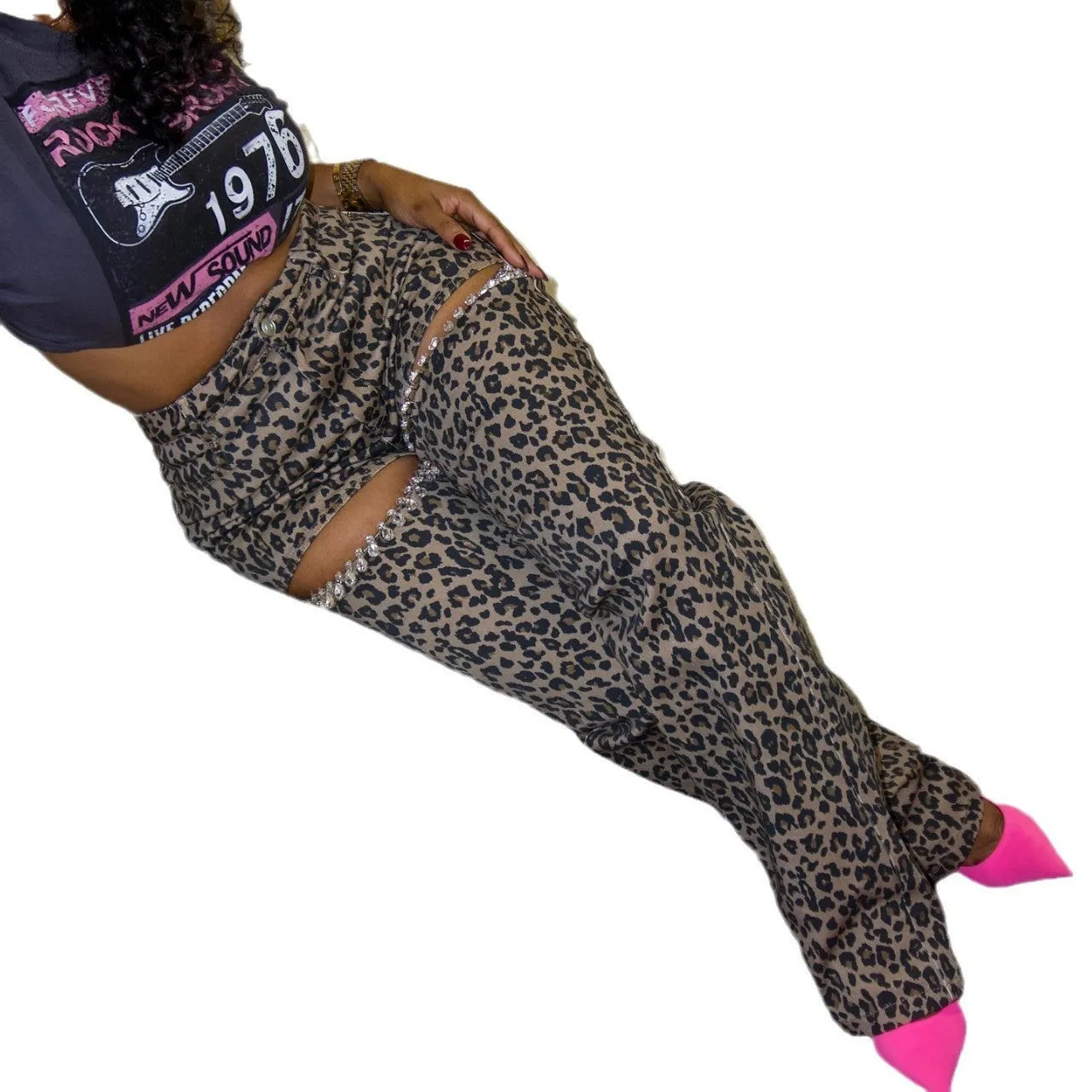 High-Waist Leopard Print Pants with Diamond Embellished Cut-Outs