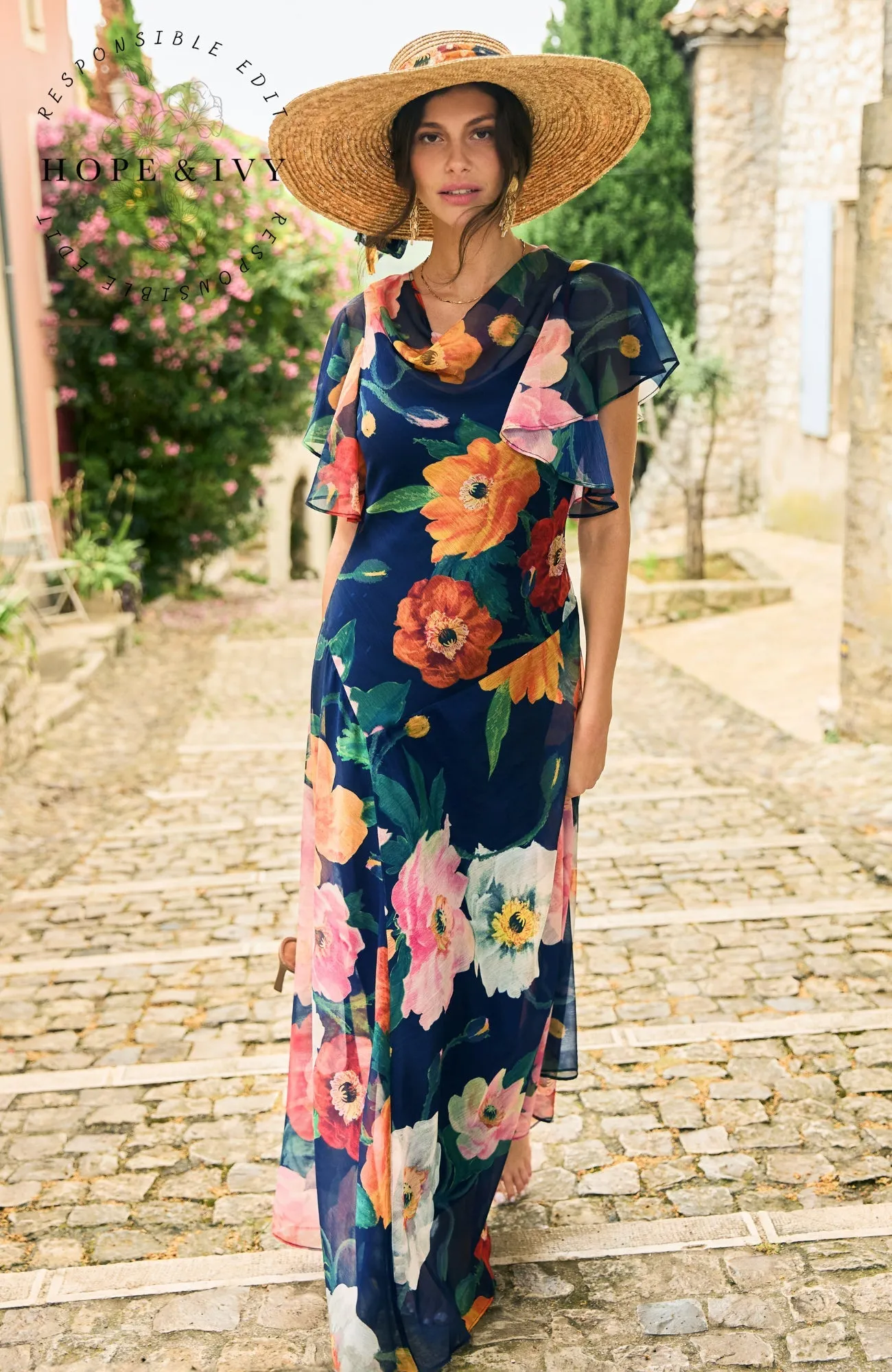 Hope & Ivy Jean Cowl-Neck Maxi Dress with Waterfall Sleeves