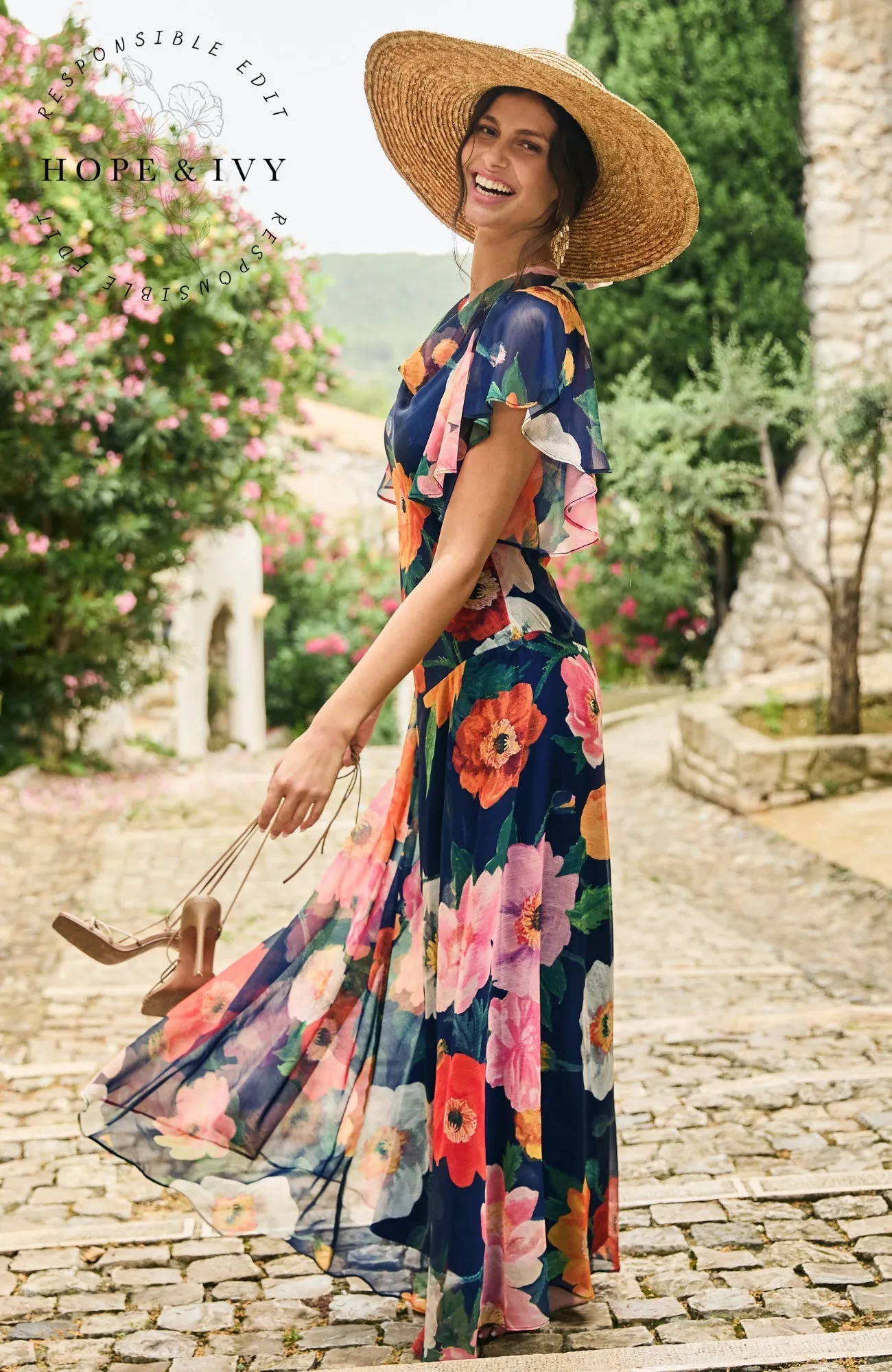 Hope & Ivy Jean Cowl-Neck Maxi Dress with Waterfall Sleeves
