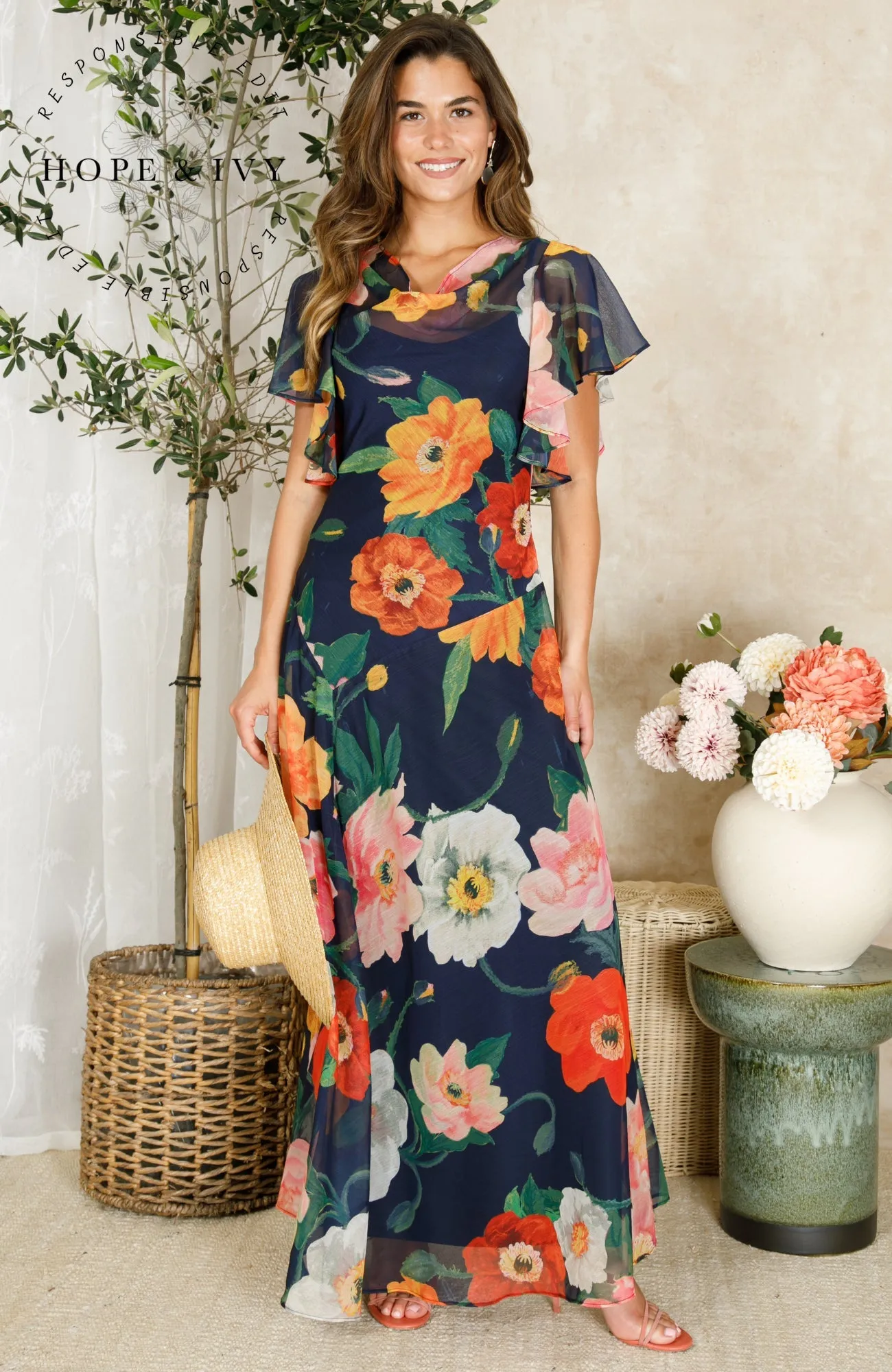 Hope & Ivy Jean Cowl-Neck Maxi Dress with Waterfall Sleeves