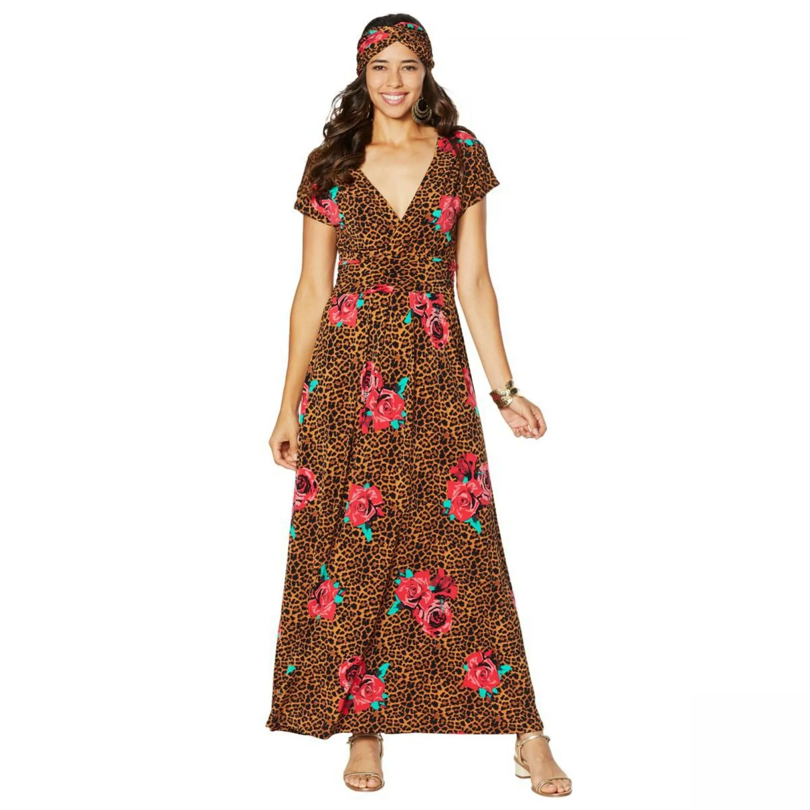 IMAN Women's Petite Boho Chic Knit Maxi Dress With Head Wrap