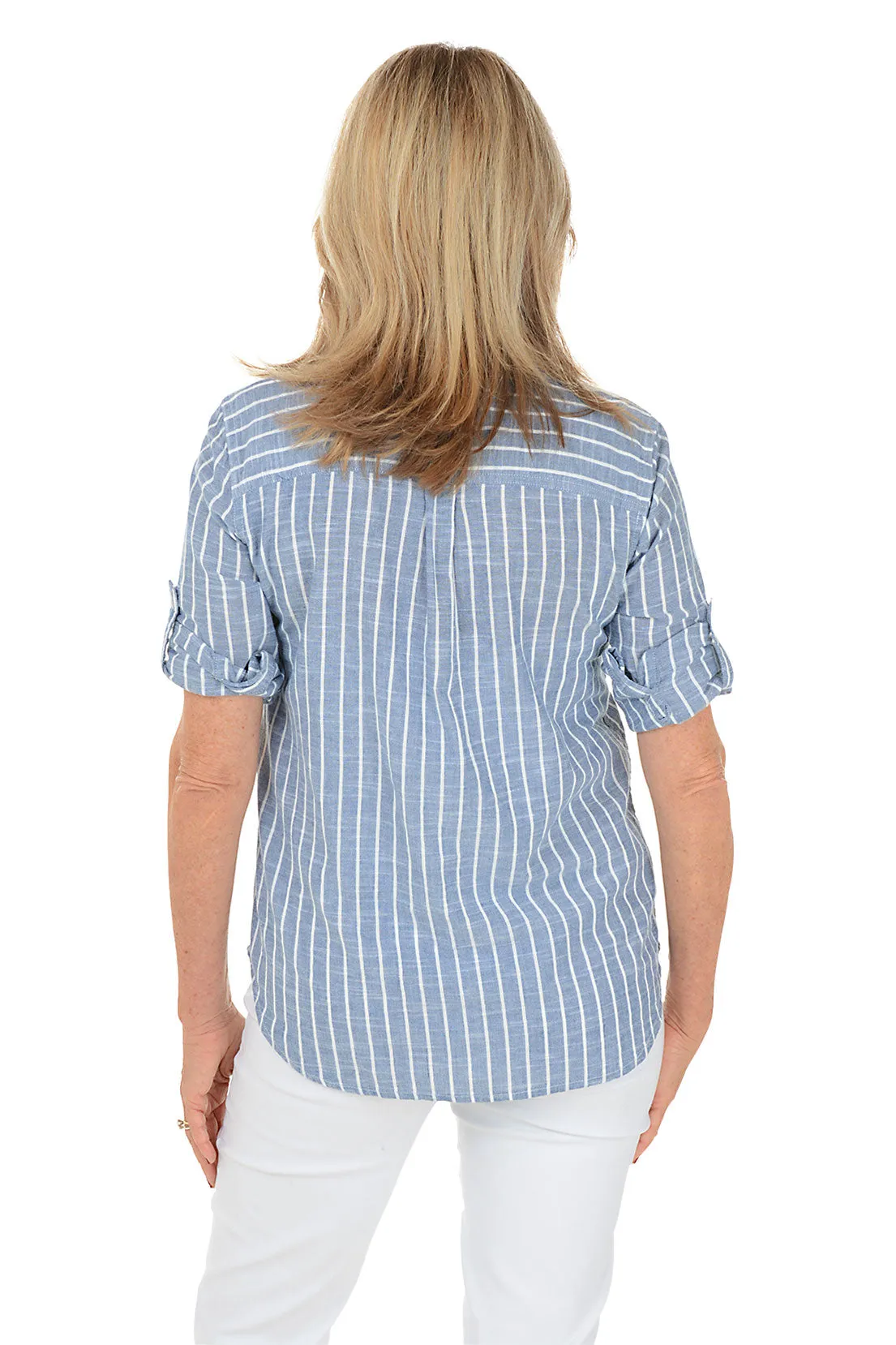 Indigo Striped Cotton Roll Sleeve Shirt