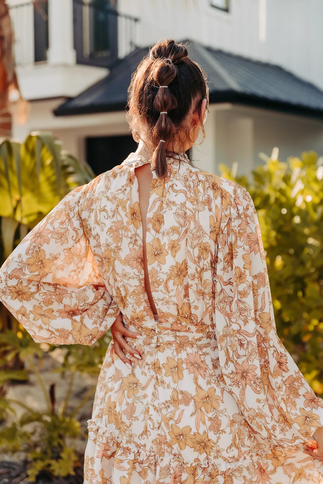Ivory   Mustard Floral Ruched Waistband Dress