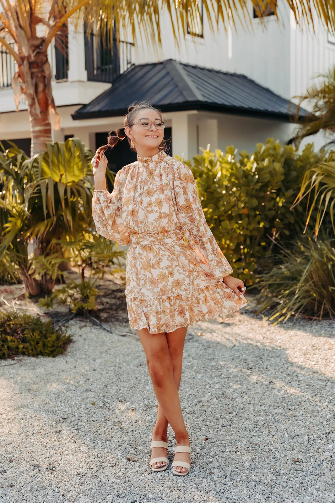 Ivory   Mustard Floral Ruched Waistband Dress