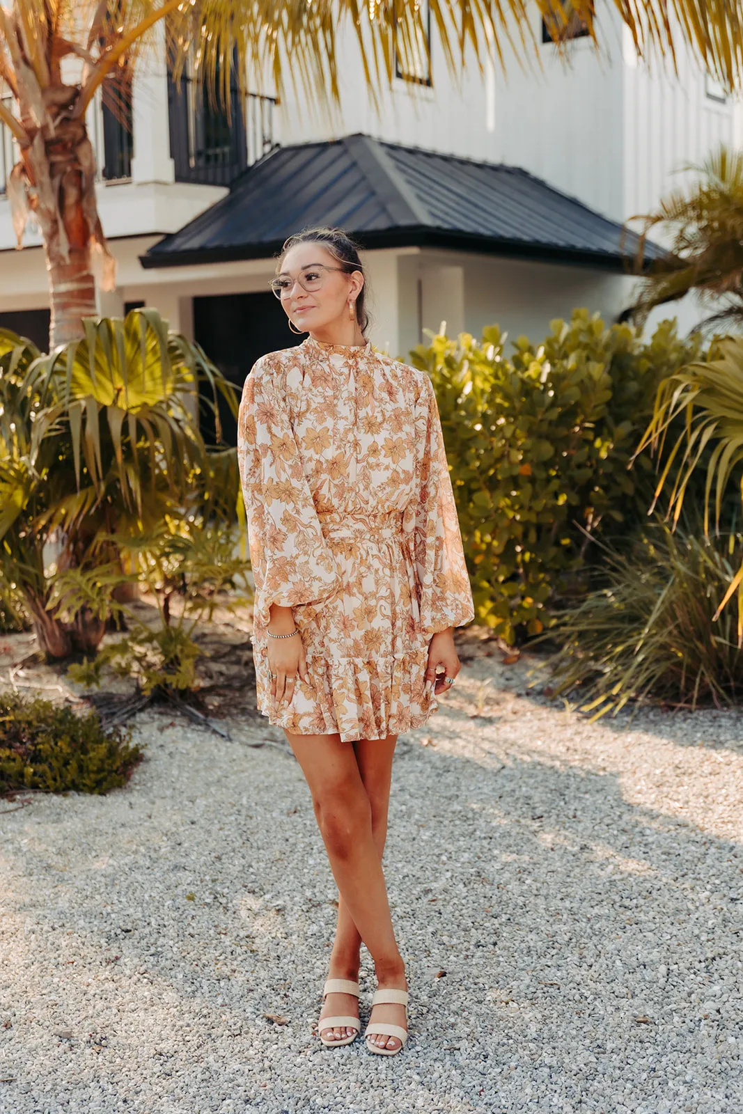 Ivory   Mustard Floral Ruched Waistband Dress