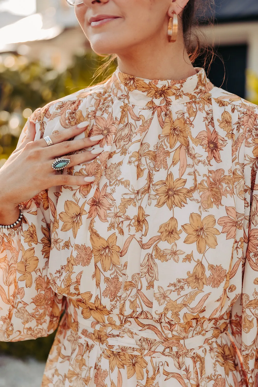 Ivory   Mustard Floral Ruched Waistband Dress