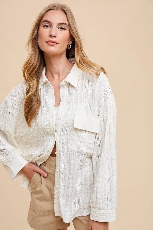 Ivory Openwork Button Down Drop Shoulder Shirt