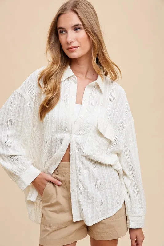 Ivory Openwork Button Down Drop Shoulder Shirt