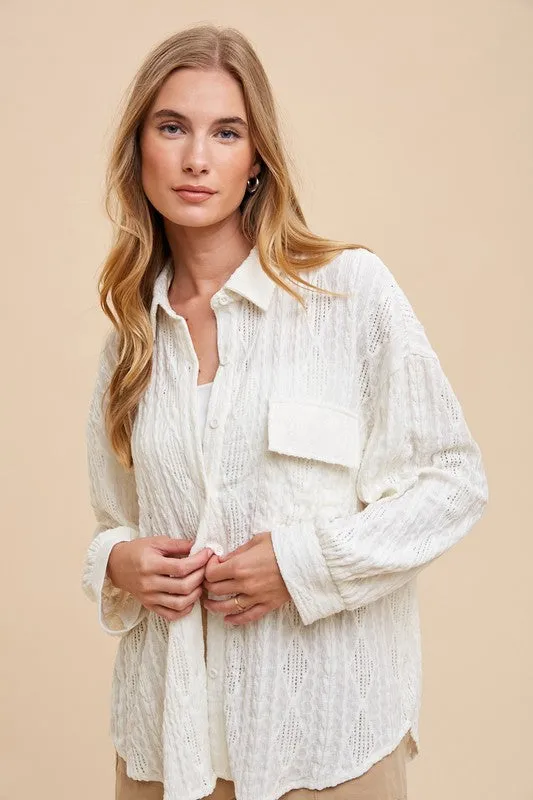 Ivory Openwork Button Down Drop Shoulder Shirt