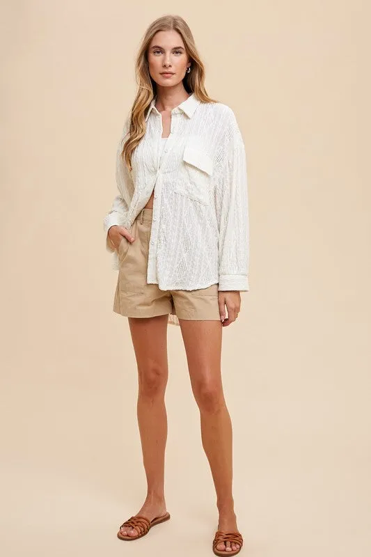 Ivory Openwork Button Down Drop Shoulder Shirt