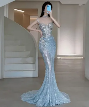 JazzHer Pretty Mermaid Sweetheart Sequin Blue Long Evening Dress Prom Dresses With Ruched Bodice (PRE-ORDER)