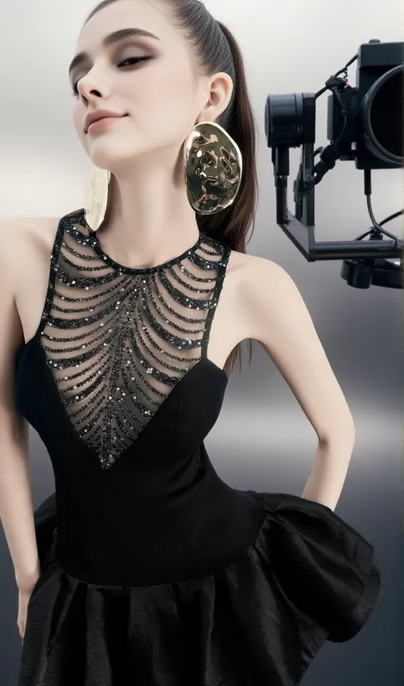 jessica sequin tulle ruched hem mini dress in black