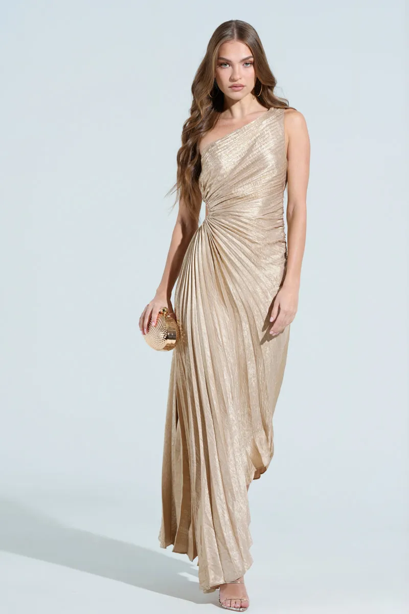 JULIETTE METALLIC PLEATED MIDI DRESS