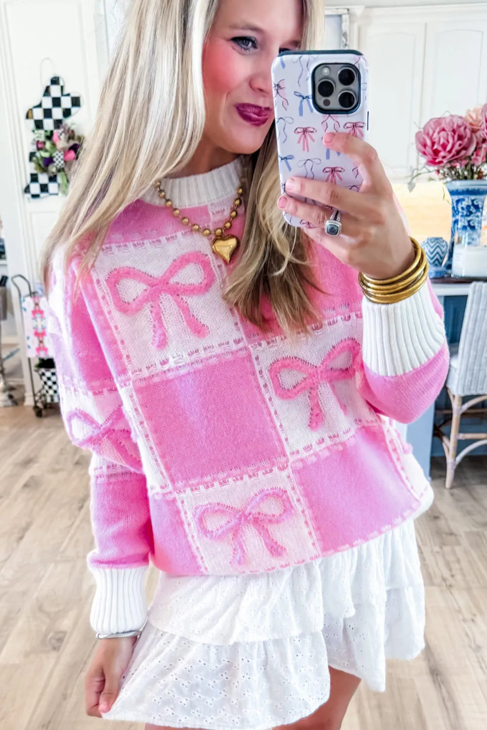 KaleaBoutique Bow Knot Two Tone Checkered Crew Neck Sweater