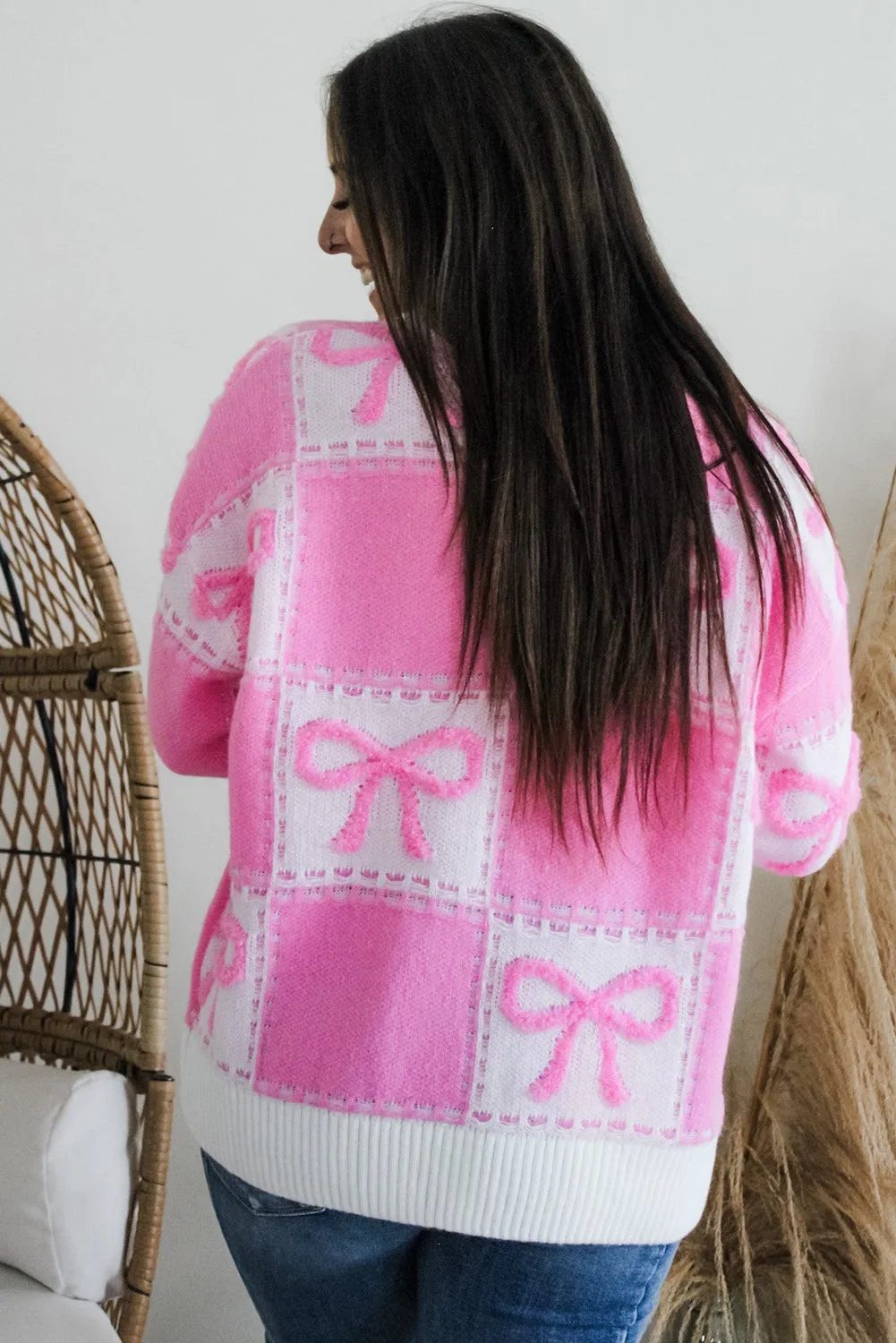 KaleaBoutique Bow Knot Two Tone Checkered Crew Neck Sweater