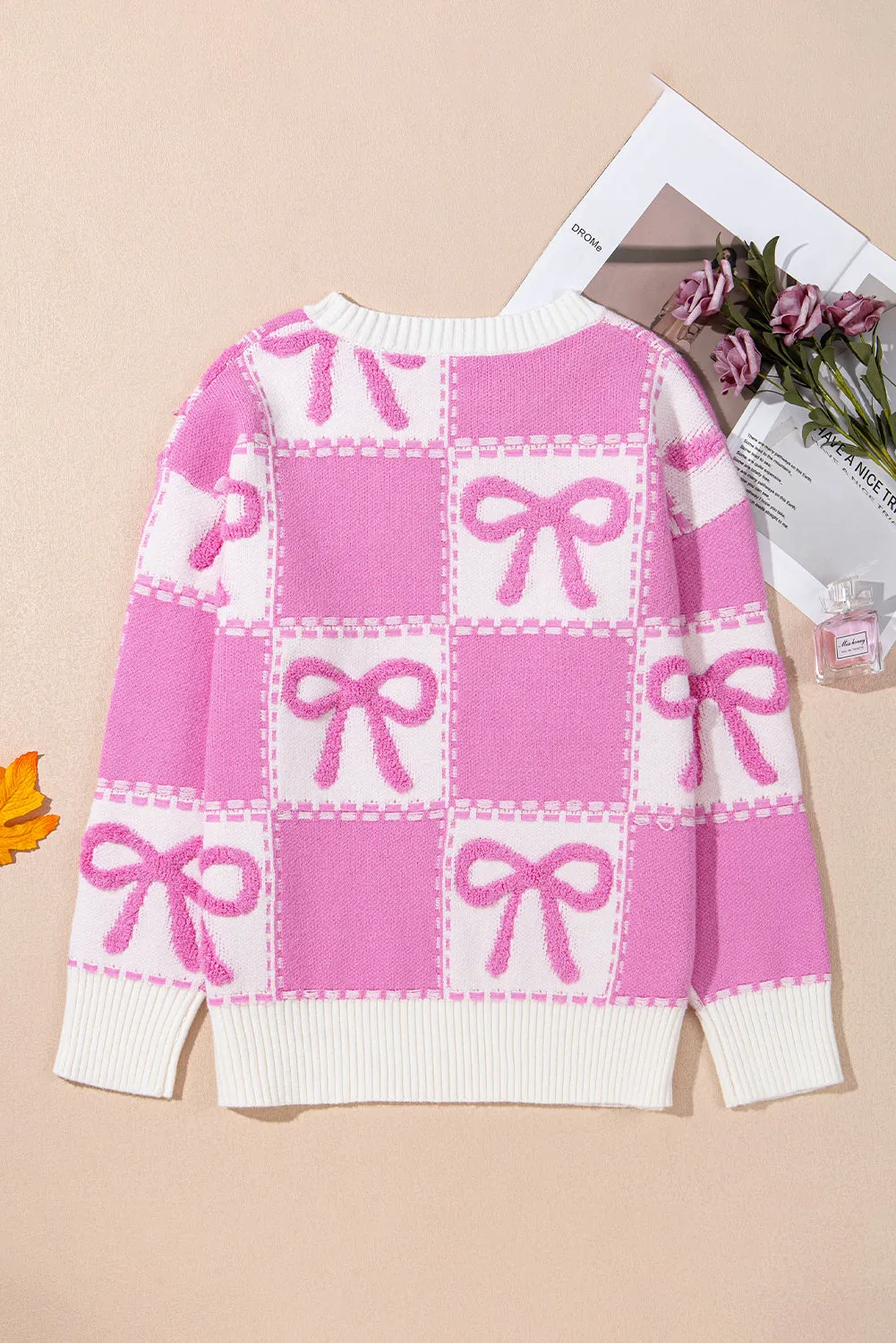 KaleaBoutique Bow Knot Two Tone Checkered Crew Neck Sweater
